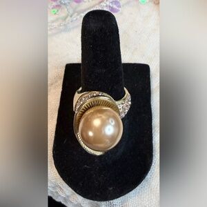 Stainless Steel Gold Toned Ring with Faux Pearl and Clear Rhinestones Size 5